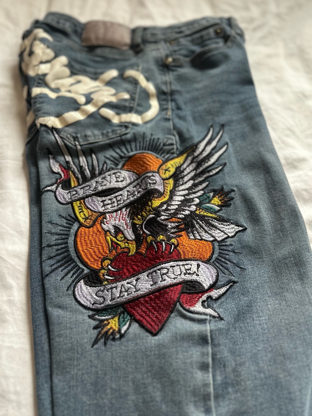 Ed Hardy Modern Y2K Wide Leg Jeans "Brave Hearts Stay True" Size 28